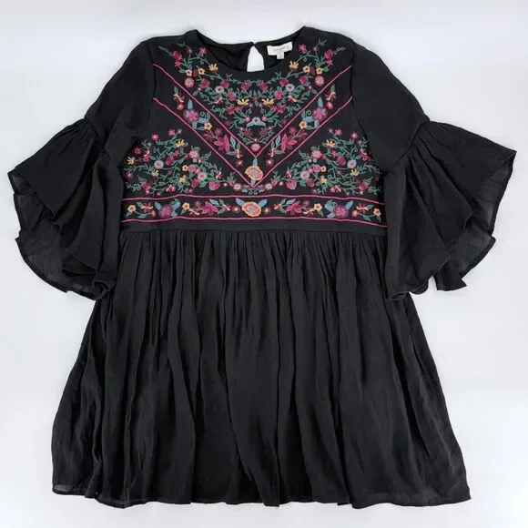 Boho Embroidered Babydoll Dress Black Cottagecore Flowy Fairy Style S - Picture 2 of 16
